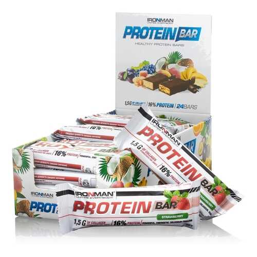Батончик IRONMAN Protein Bar с коллагеном, 50г (Клубника/белая глазурь)(24 шт) в Интерспорт